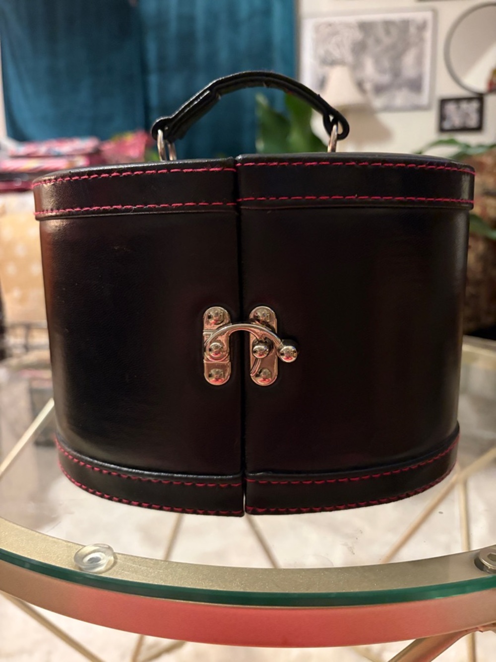 Black Jewelry Travel Case with Pink Stitching